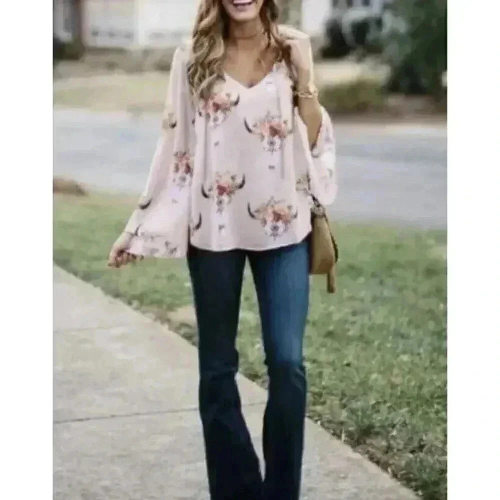 Show Me Your Mumu Blouse Womens Floral Bull Hippie Dippie Top Size Small‎